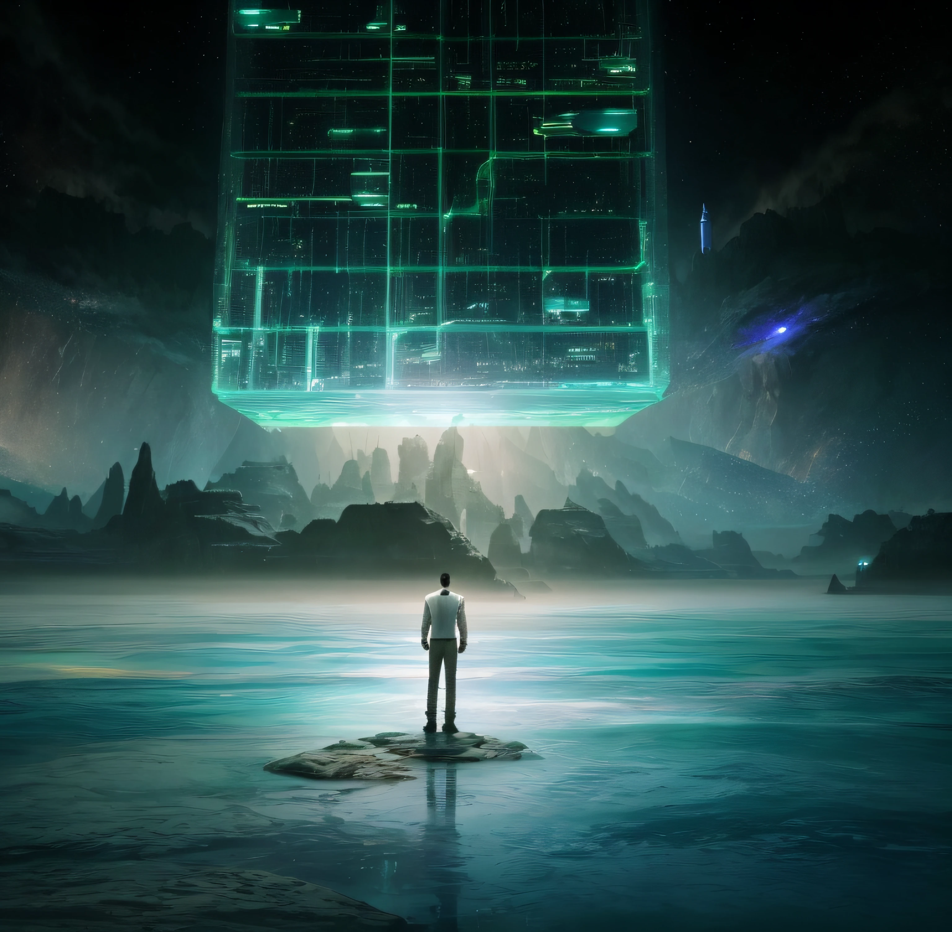 arafed image of a man standing in the middle of a large body of water, sci-fi digital art, science fiction digital art, depicted as a scifi scene, matte painting of human mind, sci-fi digital art illustration, sci-fi digital painting, sci fi epic digital art, deeper into the metaverse we go, mystical sci-fi concept art