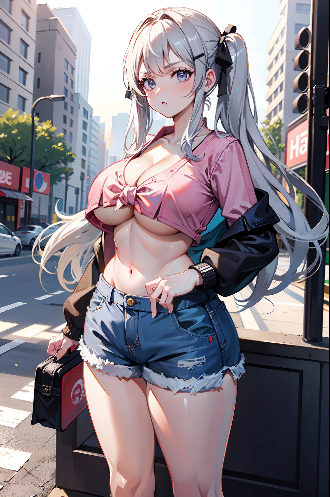 1girl, solo, standing, silver hair, twin tails, blunt bang, large , pink shirt, , thick thighs, cowboy shot, annoyed, hair clips, outdoors, street view, cityscape,  braids, hair ribbon, , crop top, denim shorts