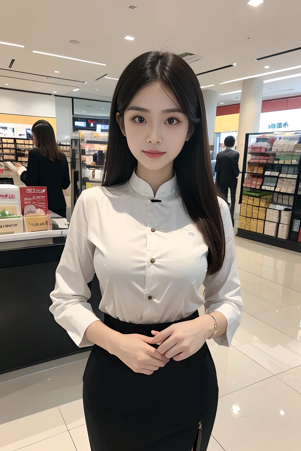 8k, highest quality, ultra details, Chinese-Indonesian girl, store employee, professional attire, welcoming gesture, modern interior design, product display, busy atmosphere