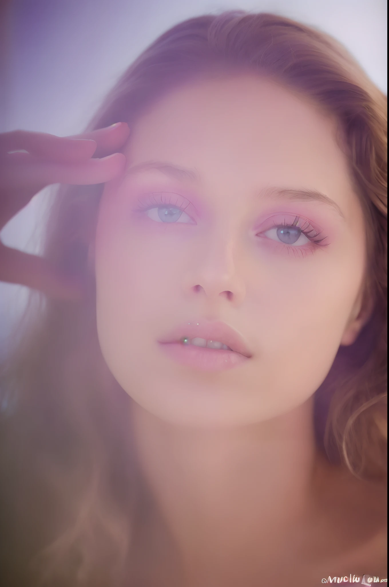 arafed woman with long hair and pink eyes looking at camera, aerochrome eyes, lavender and pink eyes, her face is a mauve flower, portrait sophie mudd, soft gaze, delicate soft hazy lighting, sophie cover album, soft portrait shot 8 k, by Anita Malfatti, soft light 4 k in pink, pastel makeup, ethereal beauty