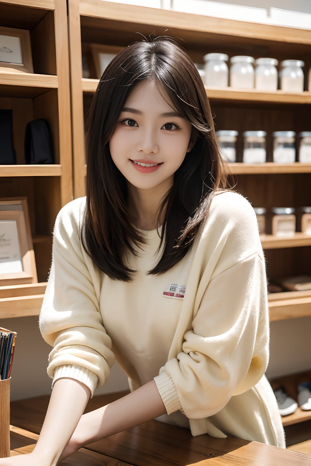 8k, highest quality, ultra details, Chinese-Indonesian girl, working at a store, friendly smile, colorful merchandise, neat and organized shelves, natural lighting, customer interaction