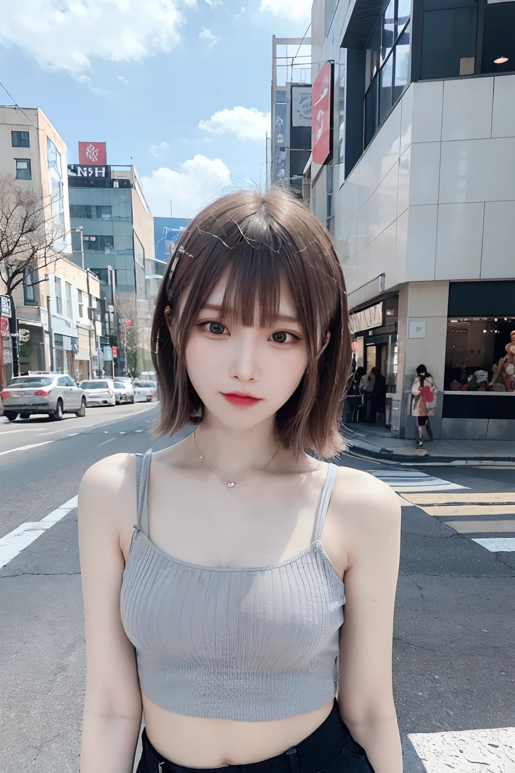 (8K、Raw photography、top-quality、​masterpiece:1.2)、(realisitic、Photorealsitic:1.37)、1 girl in、 only、cute little、adolable、(blue eyess)、(Shy smile:0.4)、(独奏)、详细的脸、oval-face、Thin almond eyes、(Cyberpunk brown hair short hair:Hair over one eye：asymmetrical hair：1.2)、Hair over one eye、short stature、A slender、medium breasts⁩、punk fashion、Dramatic Angle、tilt of the head、Walking in Harajuku、small head、(Facing the other side)、teens girl、piercings