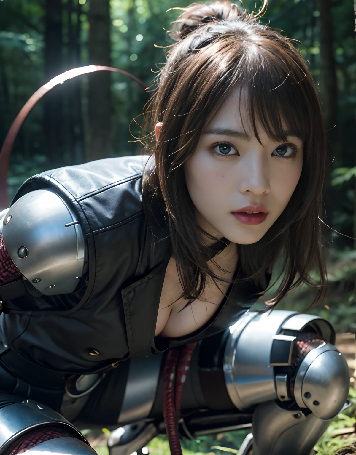 (1 Mechanical Girl)、top-quality、​masterpiece、超A high resolution、(Photorealsitic:1.4)、Raw photo、1人、Fight mutants、glowy skin、(((1 Mechanical Girl)))、With a beautiful knife、（Red Metal Bodysuit）、(Fight goblings、ogre、Fierce battle with orcs),（Fight fiercely against aliens）、Fight fiercely、(beautiful forest background)、(Fighting Demonic Beasts)、(Small LED)、((super realistic details))、portlate、(Strong giant demon beast background),globalillumination、Shadow、octan render、8K、ultrasharp、Colossal tits、Raw skin is exposed in cleavage、metals、Details of complex ornaments、Japan details、highly intricate detail、Realistic light、(Mystical expression),CGSoation Trends、Blue eyes、radiant eyes、Facing the camera、neon details、(Mechanical limbs)、(blood vessels connected to tubes)、(Wires and cables connecting to the head)、Small LED、,Mechanical thighs、Toostock、（Hands are also made of machines）、（Attack of the Monster Beasts）、