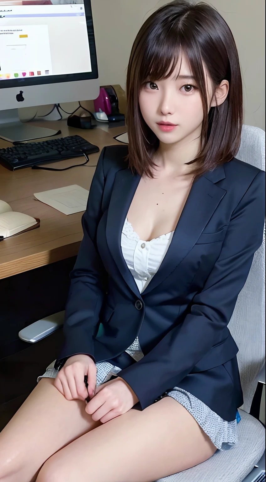 (1woman), beautiful, (Best Quality:1.4), (Ultra-detailed), (extremely detailed CG unified 8k wallpaper), Highly detailed, High-definition raw color photos, Professional Photography, Amazing face and eyes, makeup, (amazingly beautiful girl), (Business suit, Business mini skirt:1.5), (business shirt with wide open breasts:1.3), (sheer thin panties:1.2), (business office:1.3), Sitting, (Spread your legs wide open), (no panties:1.5), business desk, chair, windows, computers,