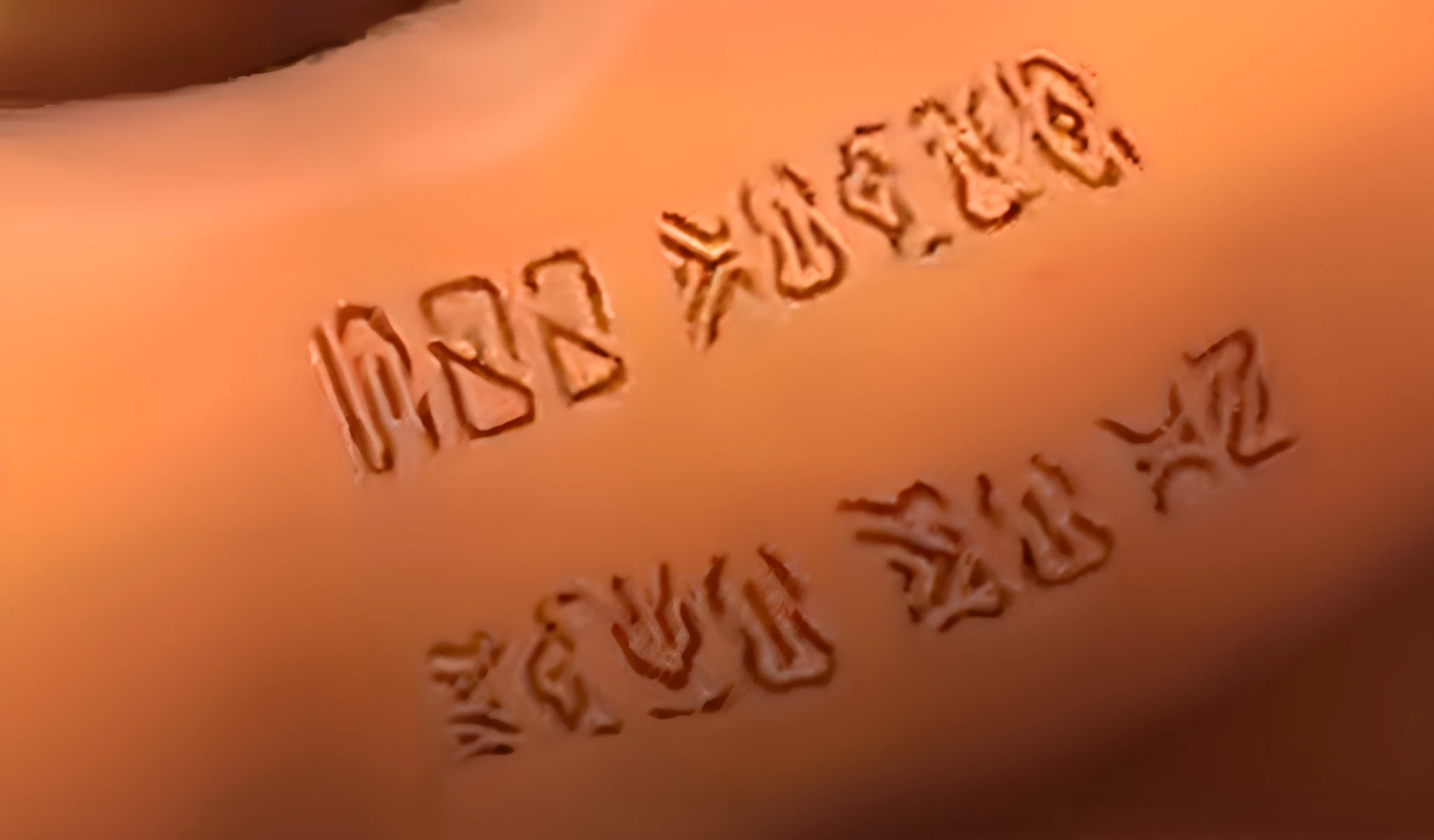 There is a banana，It says banana juice, Intricately detailed markup, inscribed with occult symbols, chinese mongolian script, markings on robot, Rune tattoos, Indic script, kanji tattoos and decals, Hide messages, etched inscriptions, tibetan text script, runic arm tattoos, Complex writing, sharpie, Covered by runes, aliens writing