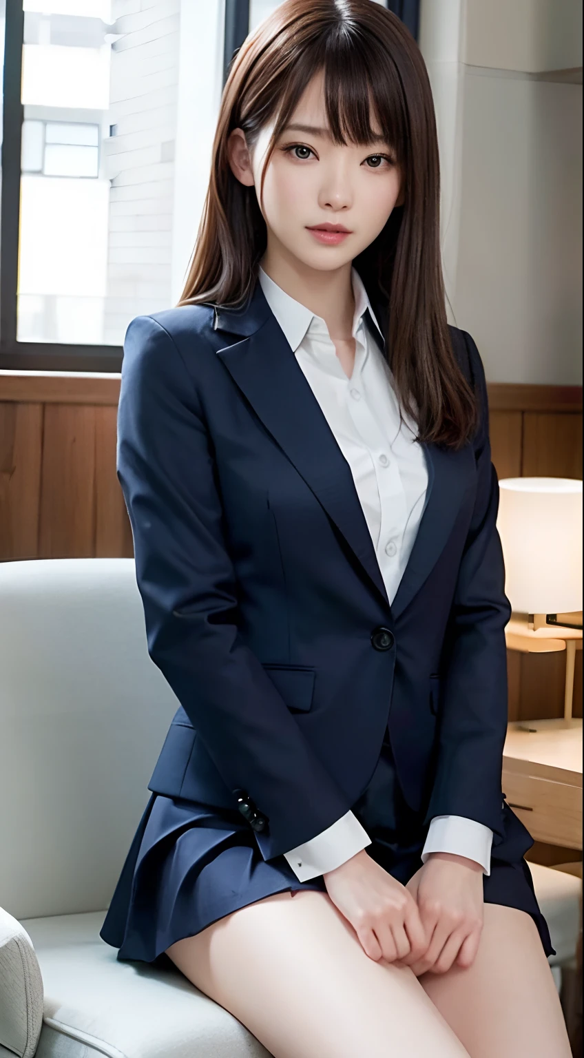 Best Quality, Photorealistic, 8K, High Definition, 1人の女性、 beautiful and flawless face、(Medium: 1.8), s Office、Colossal tits、Suits, a miniskirt、 work, sitting in the chair、