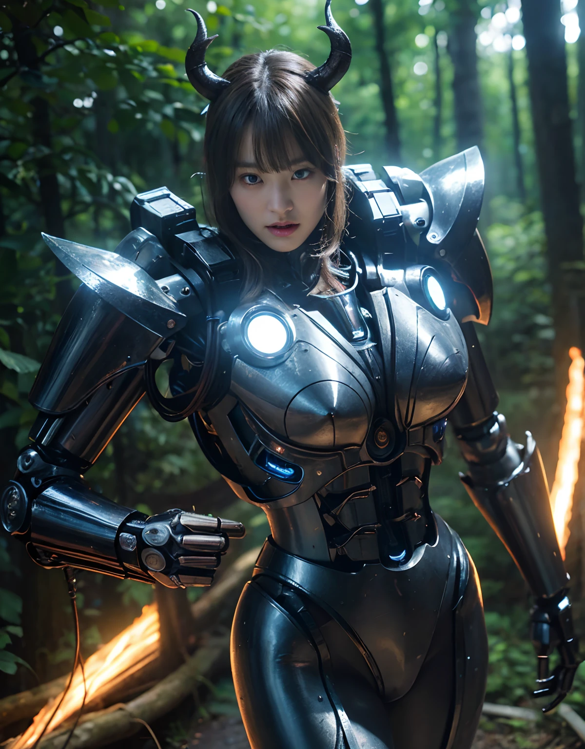 highest quality、masterpiece、ultra high resolution、(Photoreal:1.4)、RAW photo、1 girl、golden hair、glowing skin、(((1 Mechanical Girl)))、with a beautiful knife、(Blue Metal Bodysuit)、(beautiful forest background)、(battle with monsters)、(Small LED)、((Ultra realistic details))、vertical giant monster background),global illumination、Shadow、octane rendering、8k、super sharp、big breasts、The bare skin of the cleavage is exposed、Metal、intricate decorative details、Japan details、very intricate details、realistic light、Trends in CG society、red eyes、Eyes shining towards the camera、Mechanical vertebrae attached to back with mechanical edge blood vessels connected to neon details tubes、cervical vertebrae mechanically attached to the neck、(Wires and cables connecting to the head)、gundam、Small LED、,mechanical thighs、2 stocks、(Hands are also made of machineonster attack)、(injured in a deadly fight)、