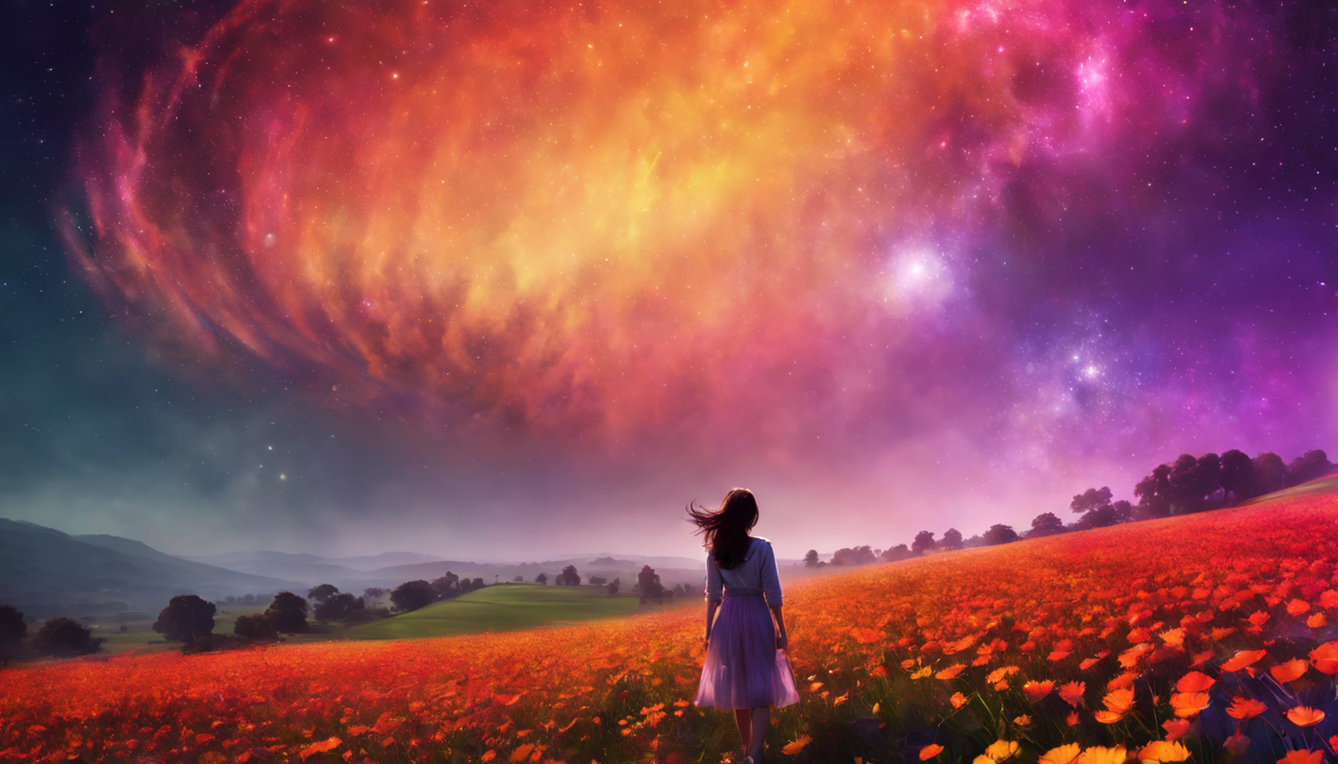 Vasta foto de paisagem, (vista de baixo, The sky is above and the open field is below), a girl standing on a flower field looking up, (lua cheia: 1.2), (meteoro: 0.9), (nebulosa: 1.3), montanhas distantes, Árvores BREAK Crafting Art, (Luz Quente: 1.2), (Vagalumes: 1.2), Luzes, Muito Roxo e Laranja, Detalhes Intrincados, volumeric lighting, Realismo BREAK (Obra-prima: 1.2), (melhor qualidade), 4k, ultra-detalhado, (dynamic compositing: 1.4), detalhes muito detalhados e coloridos, (rainbow colors: 1.2), (bright illumination, Atmospheric Illumination), sonhador, magica, (solo: 1.2)