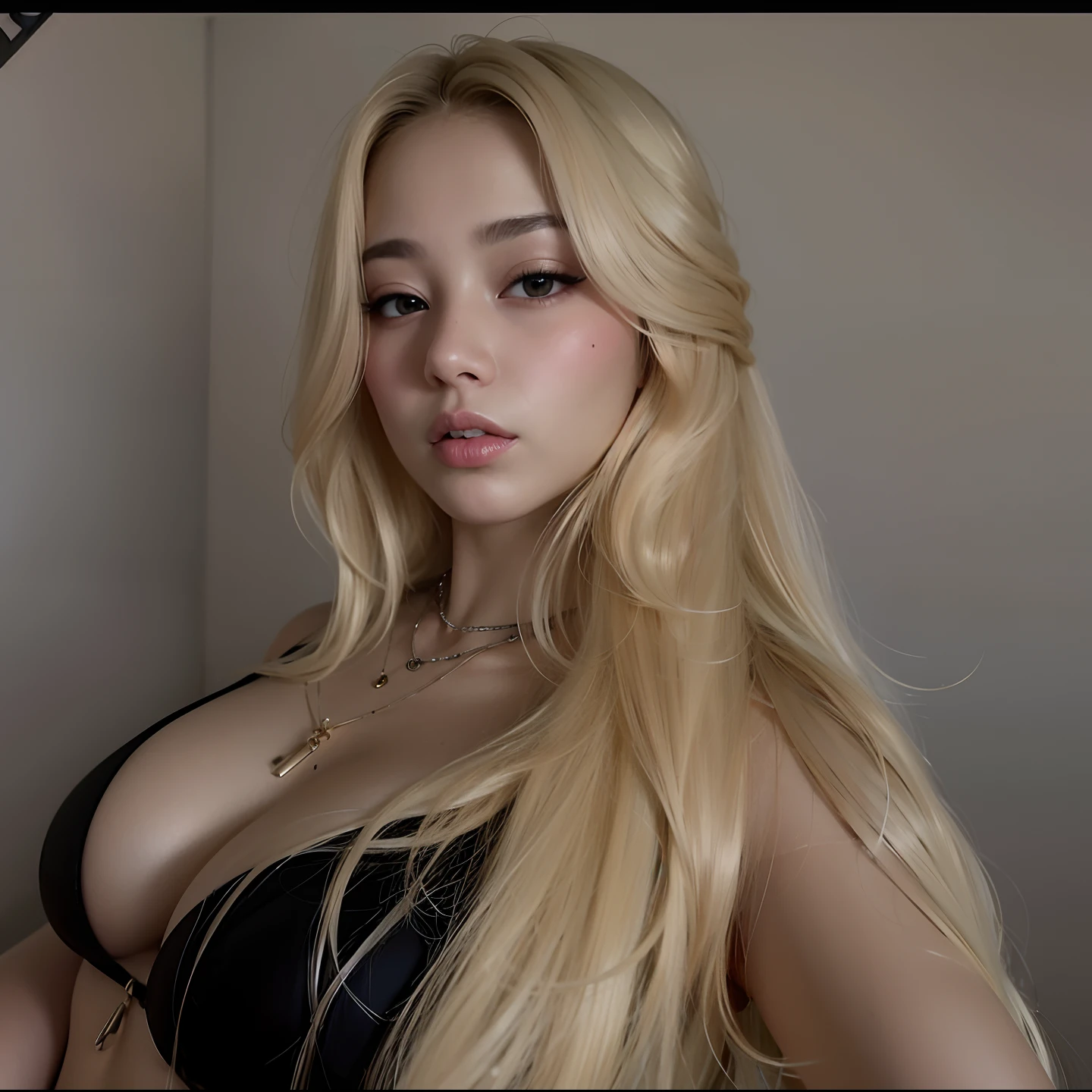 Un primer plano de una mujer en bikini negro posando para una foto, Cabello largo y rubio y ojos grandes, Cabello largo y rubio y ojos grandes, con cabello largo y rubio, chica sexy con cabello largo y rubio, Hermosa mujer surcoreana, Chica coreana, Hermosa joven coreana, Diosa rubia, Rubio y rasgos atractivos, cabello rubio y ojos grandes, con el pelo largo