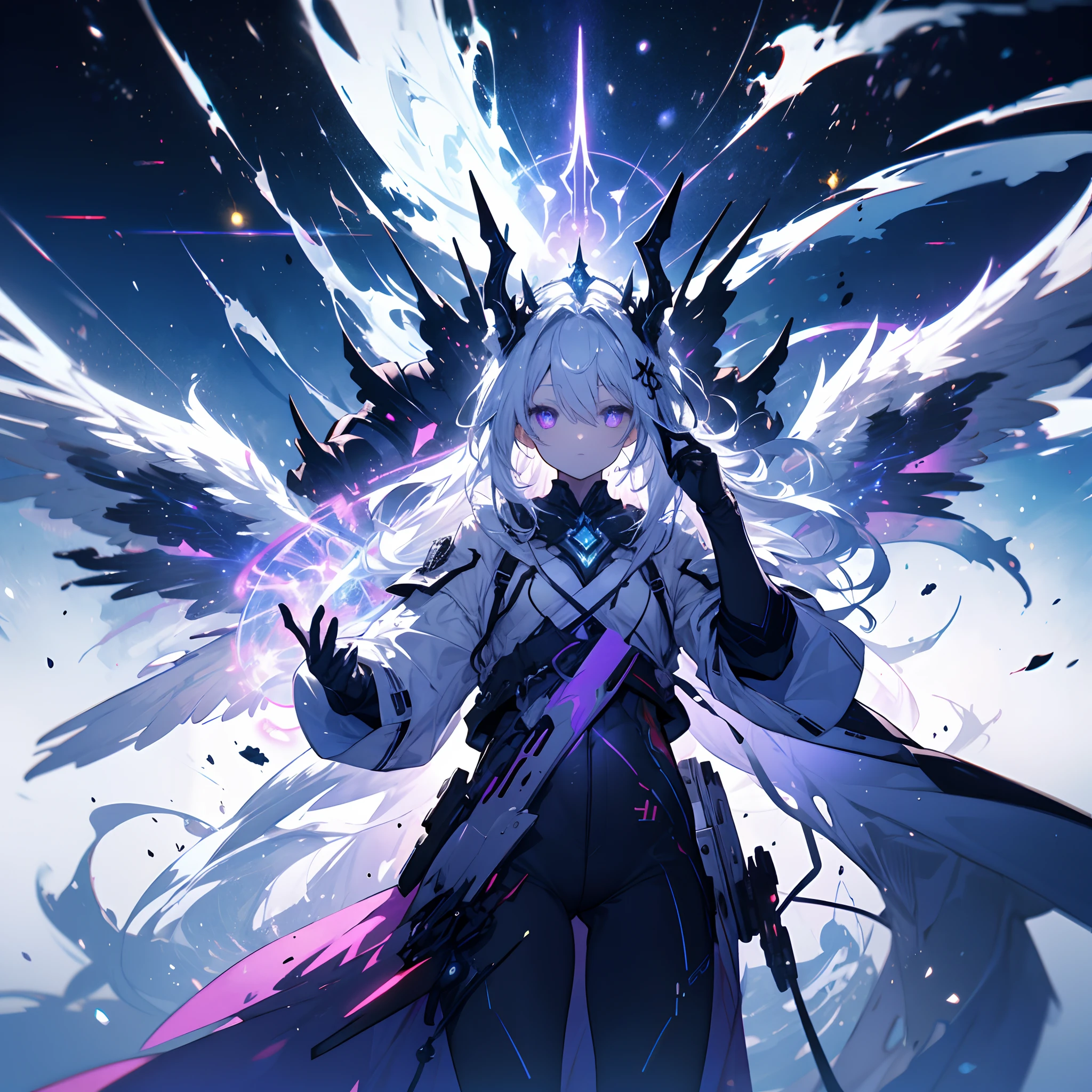 Dark photon dragon, luminous violet photon wings, cosmic eyes, a light crown floating above its head