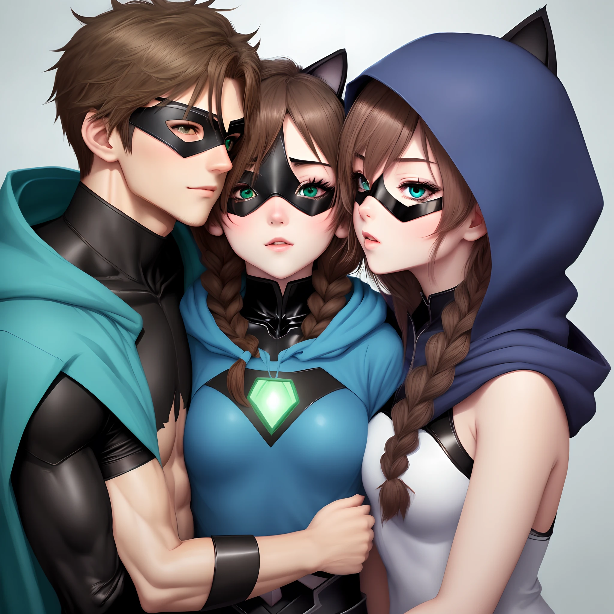 Create an anime-style boy with brown hair and eyes with a blue hooded blue coat and an anime-style girl with light brown hair and a braid like hairstyle and light blue eyes with a black and green superheroine outfit with a black eye mask and black cat ears, the two are blushing and kissing