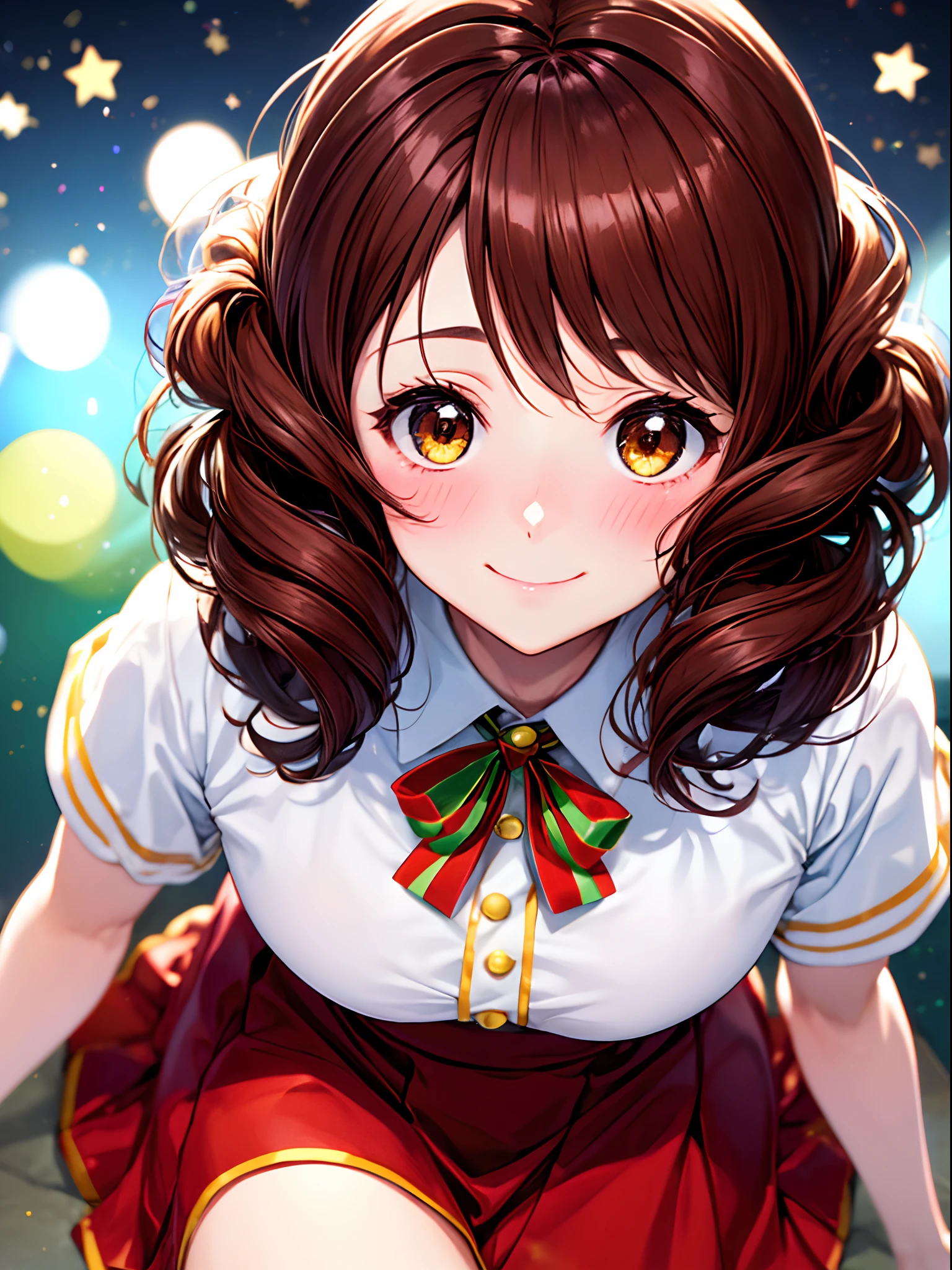 top-quality、Kumiko, 1girl in, Akame, 独奏、front-facing view, red blush,Kumiko is cute no matter who you look at、cute smile face、neck tie, skirt by the、Cute red and white dress、Christmas Colors、Cute sexy girl no matter who looks at it、lovely thighs