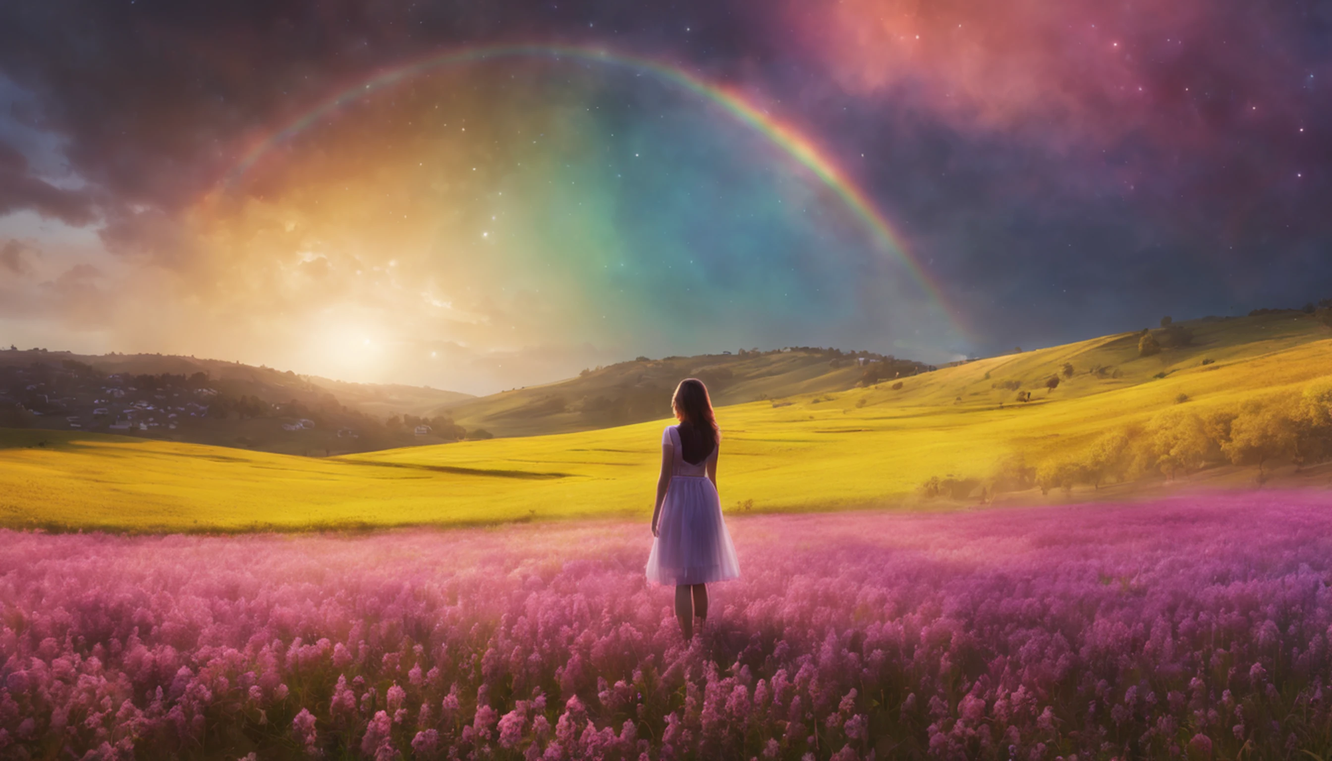 Vasta foto de paisagem, (vista de baixo, The sky is above and the open field is below), a girl standing on a flower field looking up, (lua cheia: 1.2), (meteoro: 0.9), (nebulosa: 1.3), montanhas distantes, Árvores BREAK Crafting Art, (Luz Quente: 1.2), (Vagalumes: 1.2), Luzes, Muito Roxo e Laranja, Detalhes Intrincados, volumeric lighting, Realismo BREAK (Obra-prima: 1.2), (melhor qualidade), 4k, ultra-detalhado, (dynamic compositing: 1.4), detalhes muito detalhados e coloridos, (rainbow colors: 1.2), (bright illumination, Atmospheric Illumination), sonhador, magica, (solo: 1.2)