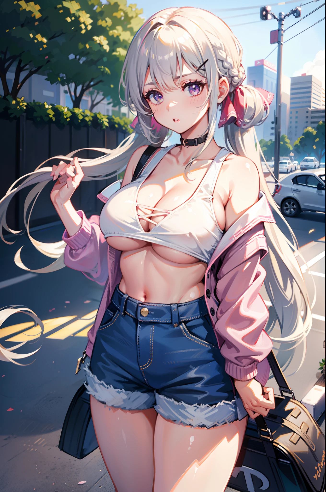 1girl, solo, standing, silver hair, twin tails, blunt bang, large breasts, pink shirt, cleavage, thick thighs, cowboy shot, annoyed, hair clips, outdoors, street view, cityscape,  braids, hair ribbon, underboob, crop top, denim shorts