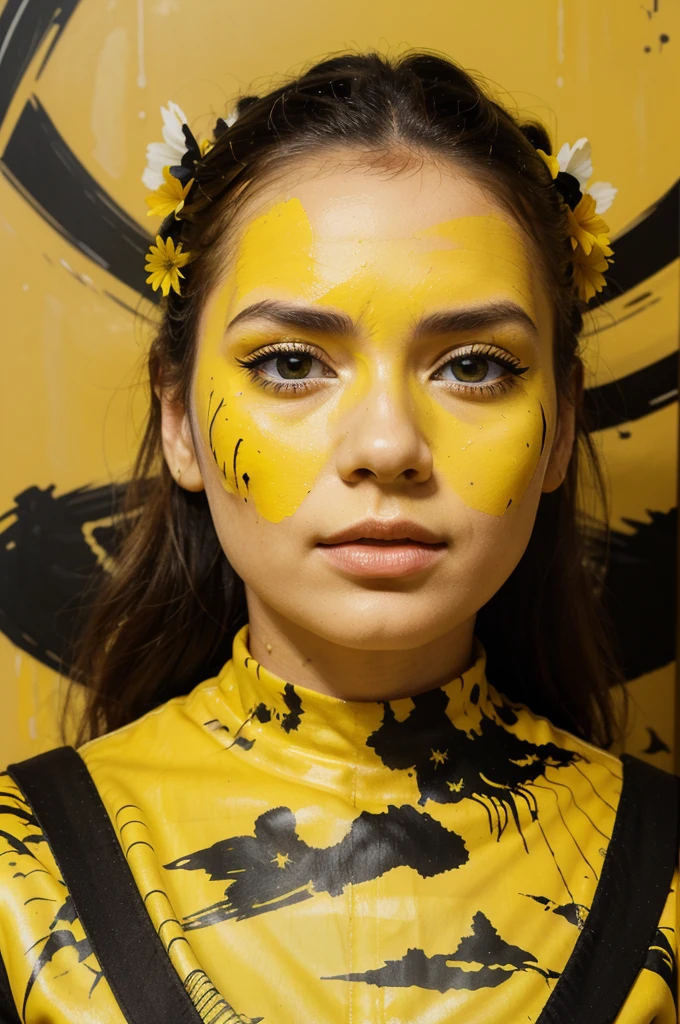 A girl portrait with yellow paint on it's face, a flower with yellow paint on it, inspired by Sandra Chevrier, modern european ink painting, martin ansin, album, drip, yellow and black color scheme, nicolas delort. highly detailed, on a yellow canva, ochre, detailed image, charming face