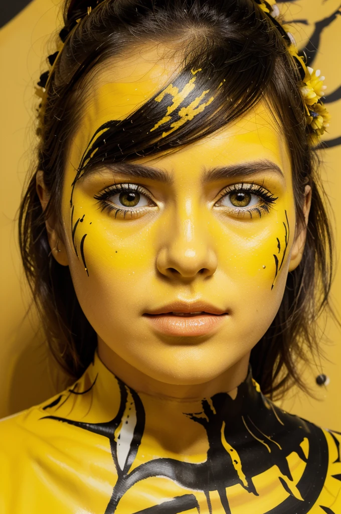 A girl portrait with yellow paint on it's face, a flower with yellow paint on it, inspired by Sandra Chevrier, modern european ink painting, martin ansin, album, drip, yellow and black color scheme, nicolas delort. highly detailed, on a yellow canva, ochre, detailed image, charming face