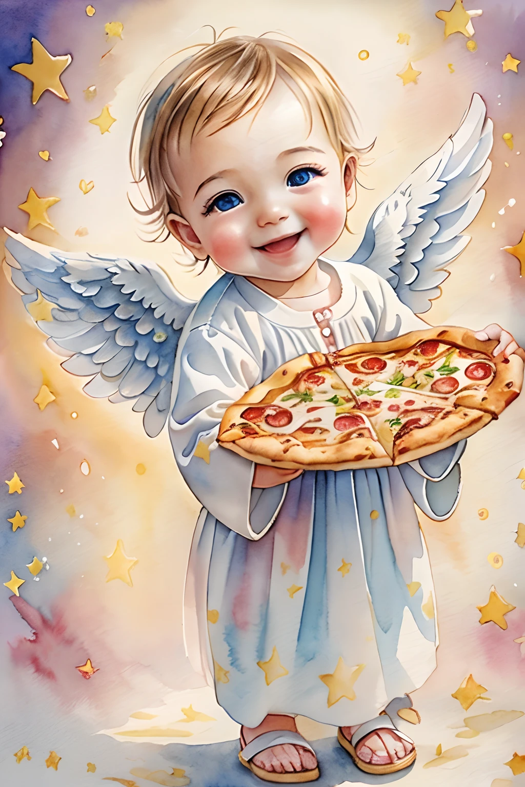 Blessings of Angels､Bright background、heart mark、tenderness､A smile、Gentle､Baby Angel、eating pizza