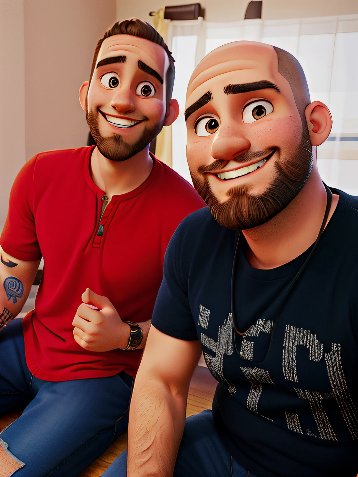 front man with a full beard and almost bald head and smiling, second man with unshaven and smiling inside a room sitting on the bed.