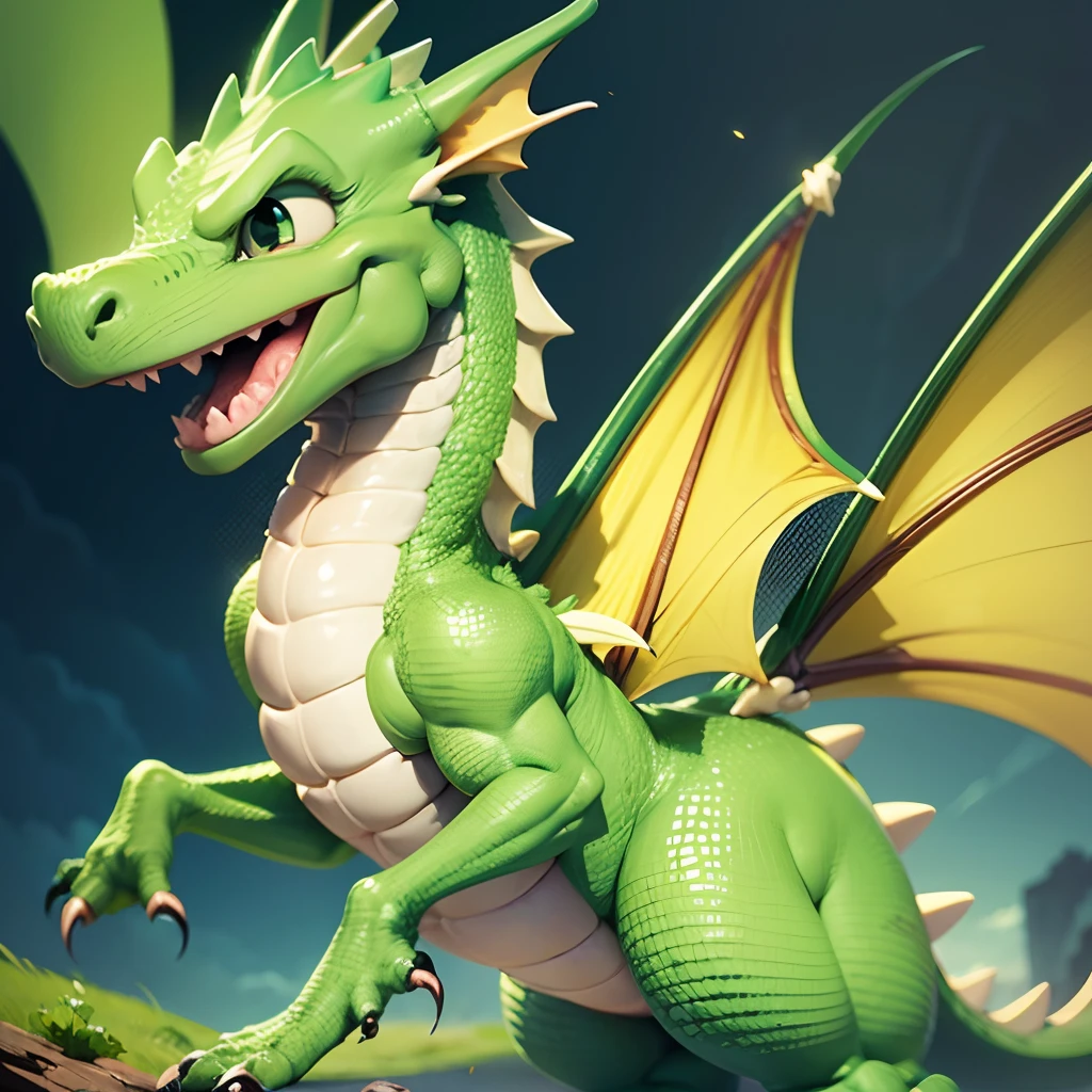 Very dynamic scene. Cartoon Pixar green happy dragon, plain background,friendly, smiling, fun, modern, vibrant colors, high contrast ultra detailed. Close-up. --auto --s2