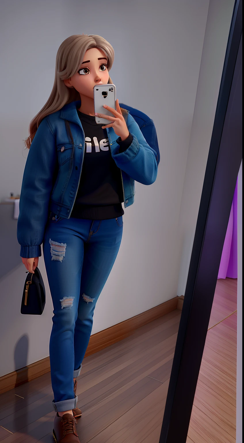 there is a woman taking a selfie in a mirror, imagem de corpo inteiro, foto da roupa, Pose casual, wearing a jacket clothes jeans, fazendo bico com a boca, cabelos presos e loiros escuros com iphone 13