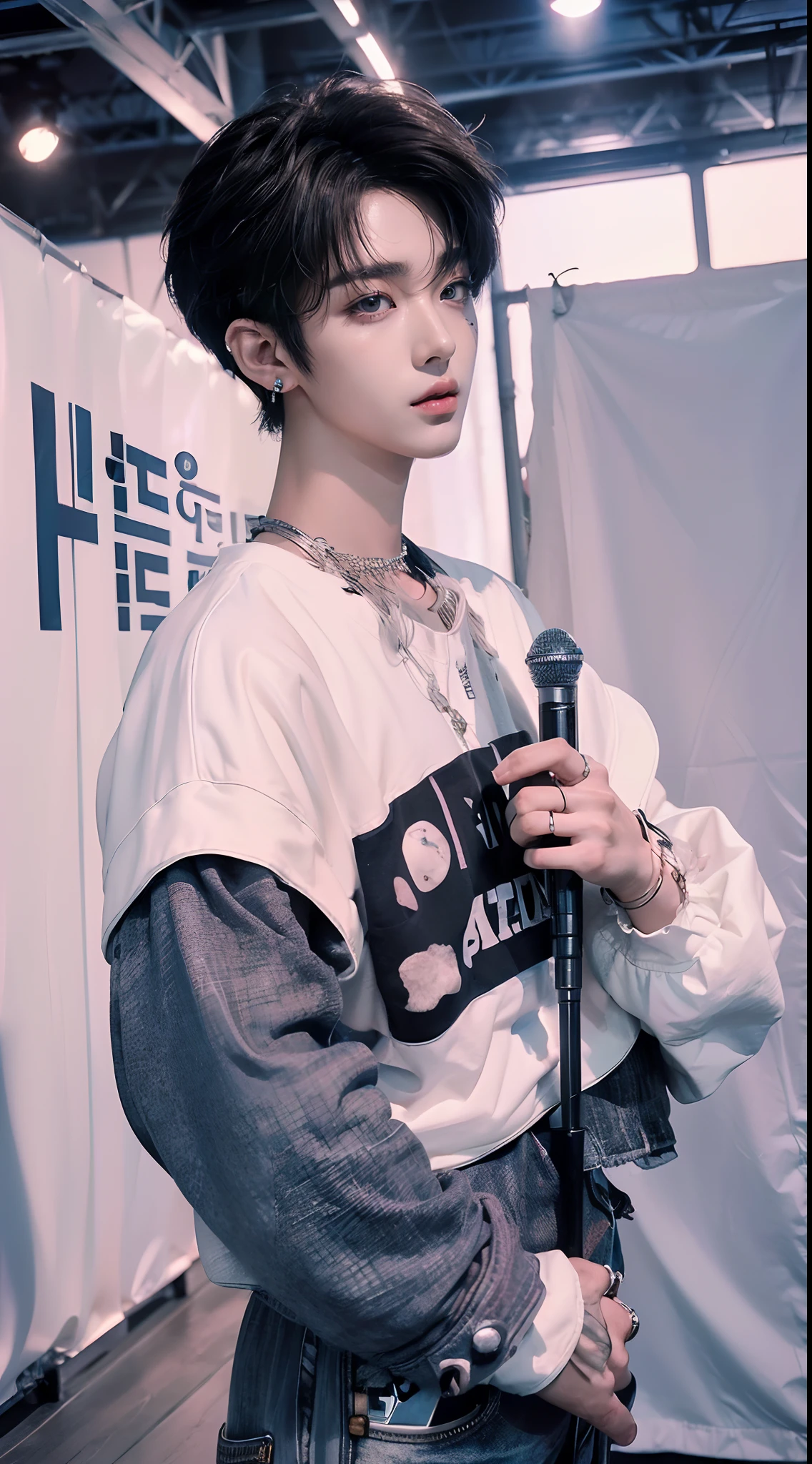 ((4K works))、masterpiece、(top-quality)、((high-level image quality))、((One Manly Boy))、Slim body、((Attractive and sexy jeans fashion))、((Men's Fashion))、(Detailed beautiful eyes)、In a soundproof room、Record a song、Face similar to Chaewon in Ruseraphim、((short hair above the ears))、((Smaller face))、((Neutral face))、((White hair))、((Brown eyes))、((Korean boy))、((18year old))、((Handsome man))、((sings))、((Korean Makeup))、((elongated and sharp eyes))、((Like a celebrity))、Everyday photography、((Shot alone))、((Shot diagonally from the side))、((Upper body photography))、((He stands in front of the microphone stand))