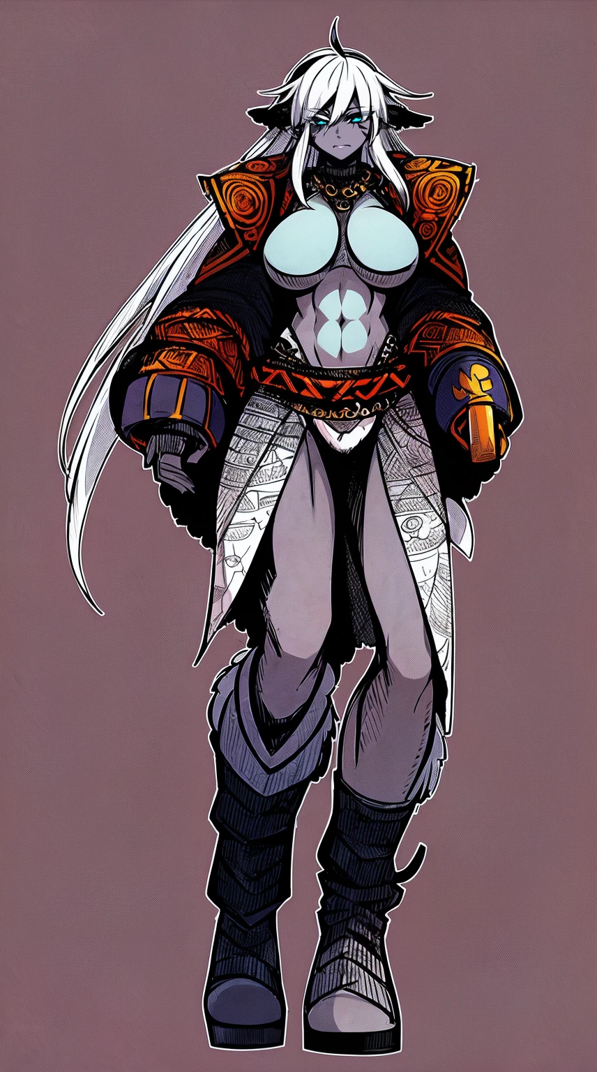 Ebony skinned female with white dreadlocks, thicc, wearing tribal warrior outfit, full body