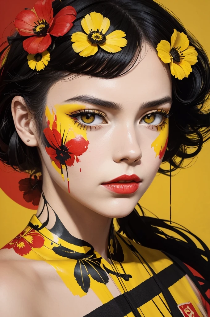 A girl portrait with yellow paint on it's face, a flower with red paint on it, inspired by Sandra Chevrier, modern european ink painting, martin ansin, album, drip, yellow and black color scheme, nicolas delort. highly detailed, on a red canva, ochre, detailed image, charming face