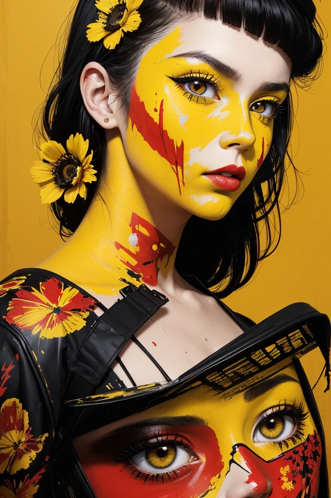 A girl portrait with yellow paint on it's face, a flower with red paint on it, inspired by Sandra Chevrier, modern european ink painting, martin ansin, album, drip, yellow and black color scheme, nicolas delort. highly detailed, on a red canva, ochre, detailed image, charming face