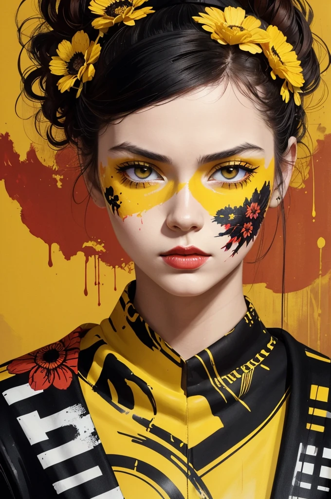 A girl portrait with yellow paint on it's face, a flower with red paint on it, inspired by Sandra Chevrier, modern european ink painting, martin ansin, album, drip, yellow and black color scheme, nicolas delort. highly detailed, on a red canva, ochre, detailed image, charming face