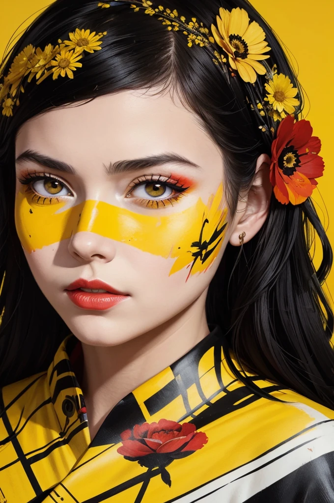 A girl portrait with yellow paint on it's face, a flower with red paint on it, inspired by Sandra Chevrier, modern european ink painting, martin ansin, album, drip, yellow and black color scheme, nicolas delort. highly detailed, on a red canva, ochre, detailed image, charming face