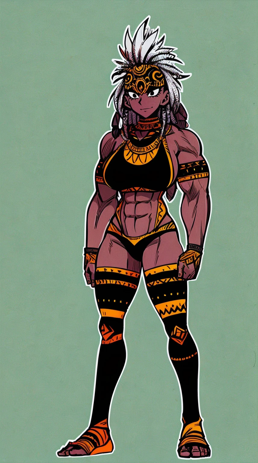 Ebony skinned female with white dreadlocks, thicc, wearing tribal warrior outfit, full body, standing, full body