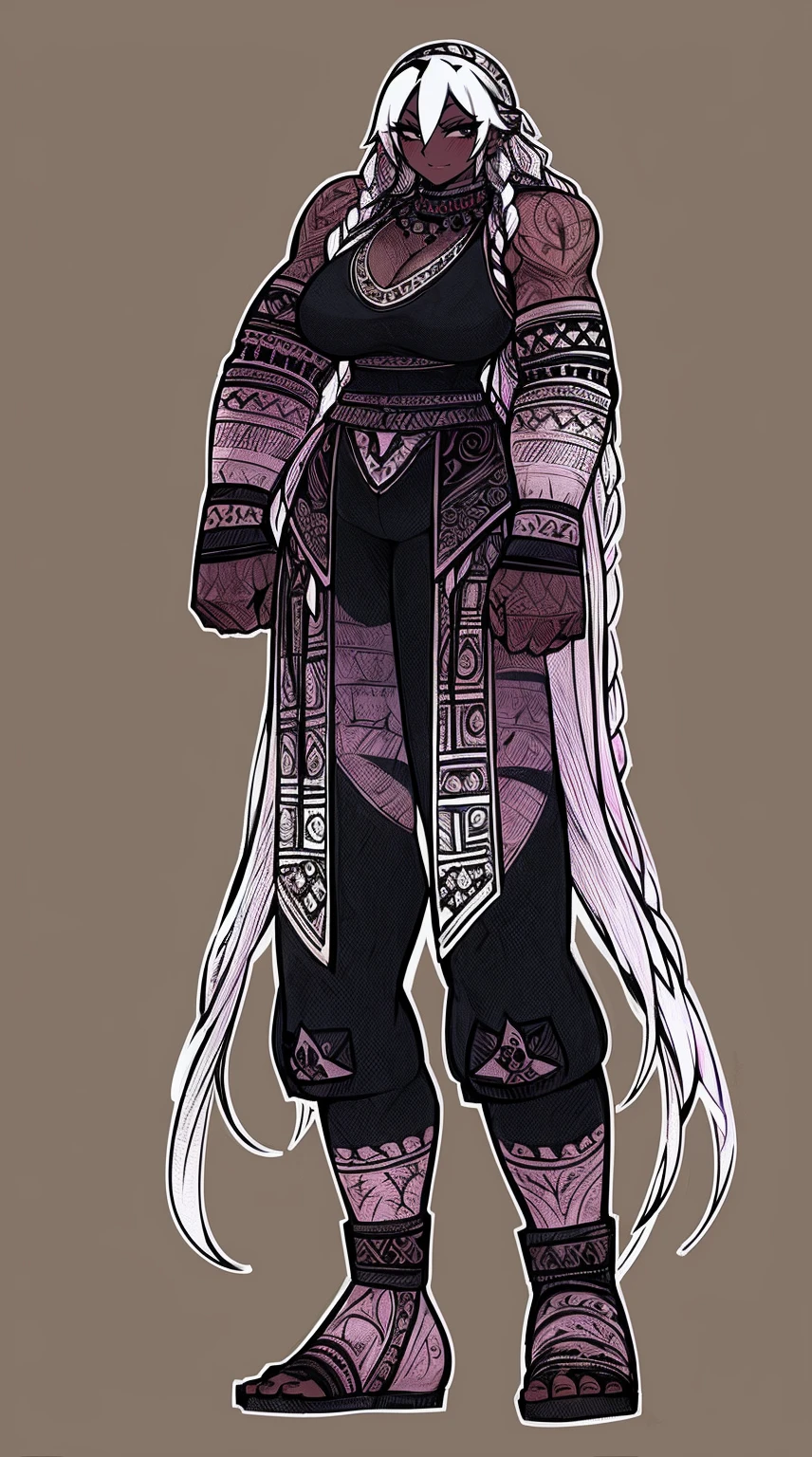 Ebony skinned female with white dreadlocks, thicc, wearing tribal warrior outfit, full body, standing, full body
