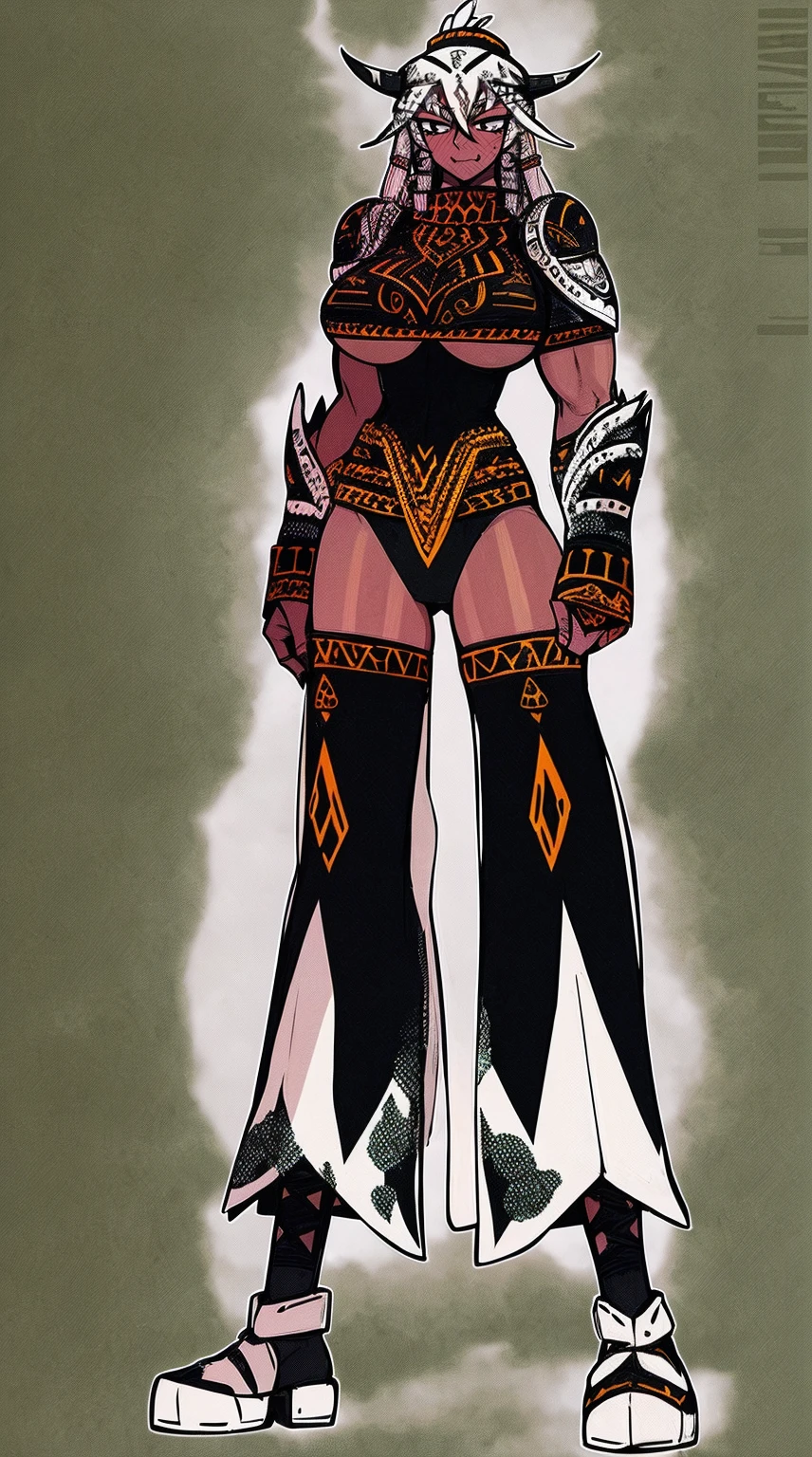 Ebony skinned female with white dreadlocks, thicc, wearing tribal warrior outfit, full body, standing, full body
