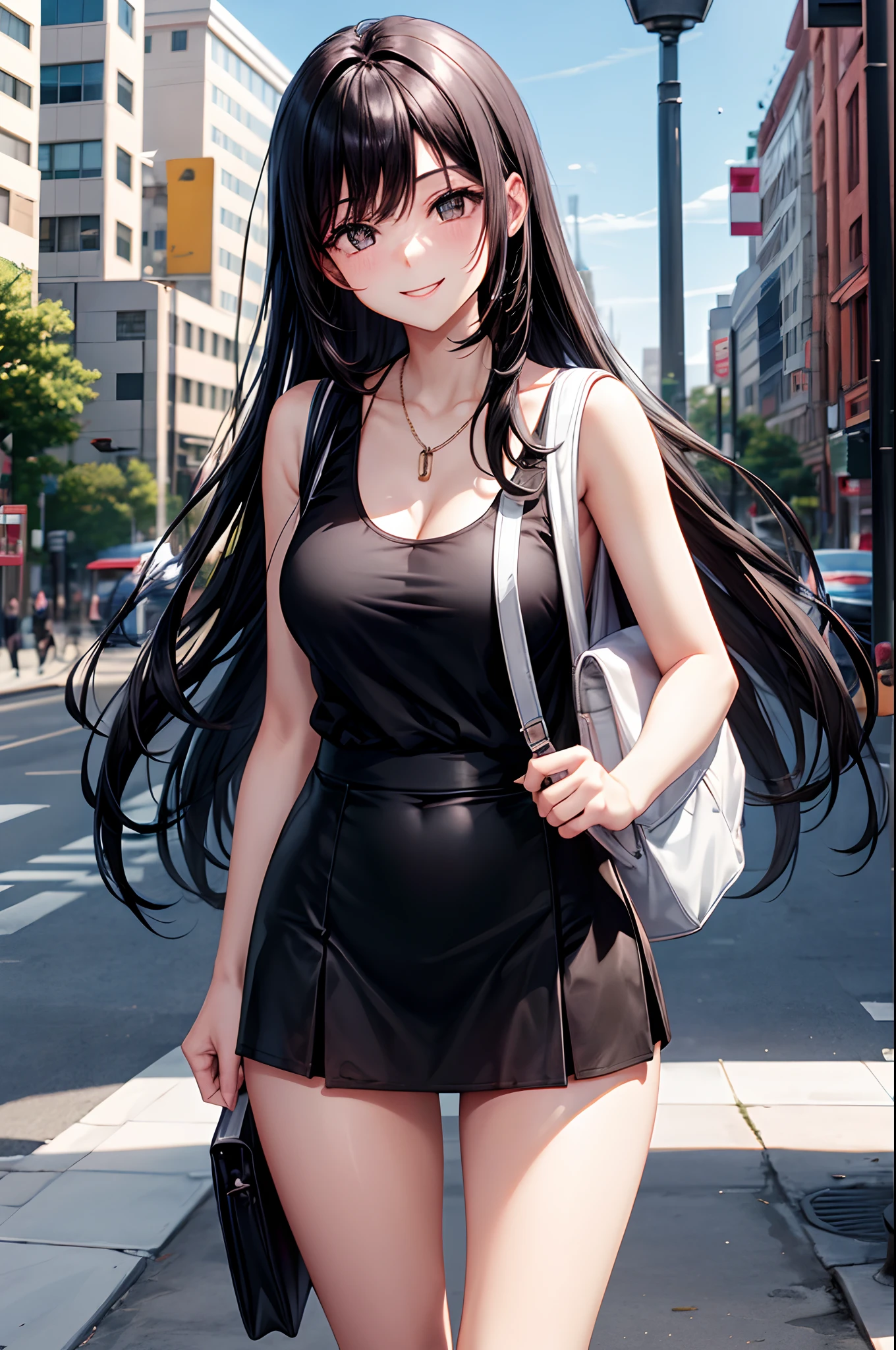 cute gurl, black hair, white tank top, black skirt, really long black hair, standing in city, backpack, hourglass figure, smiling, confident, early twenties