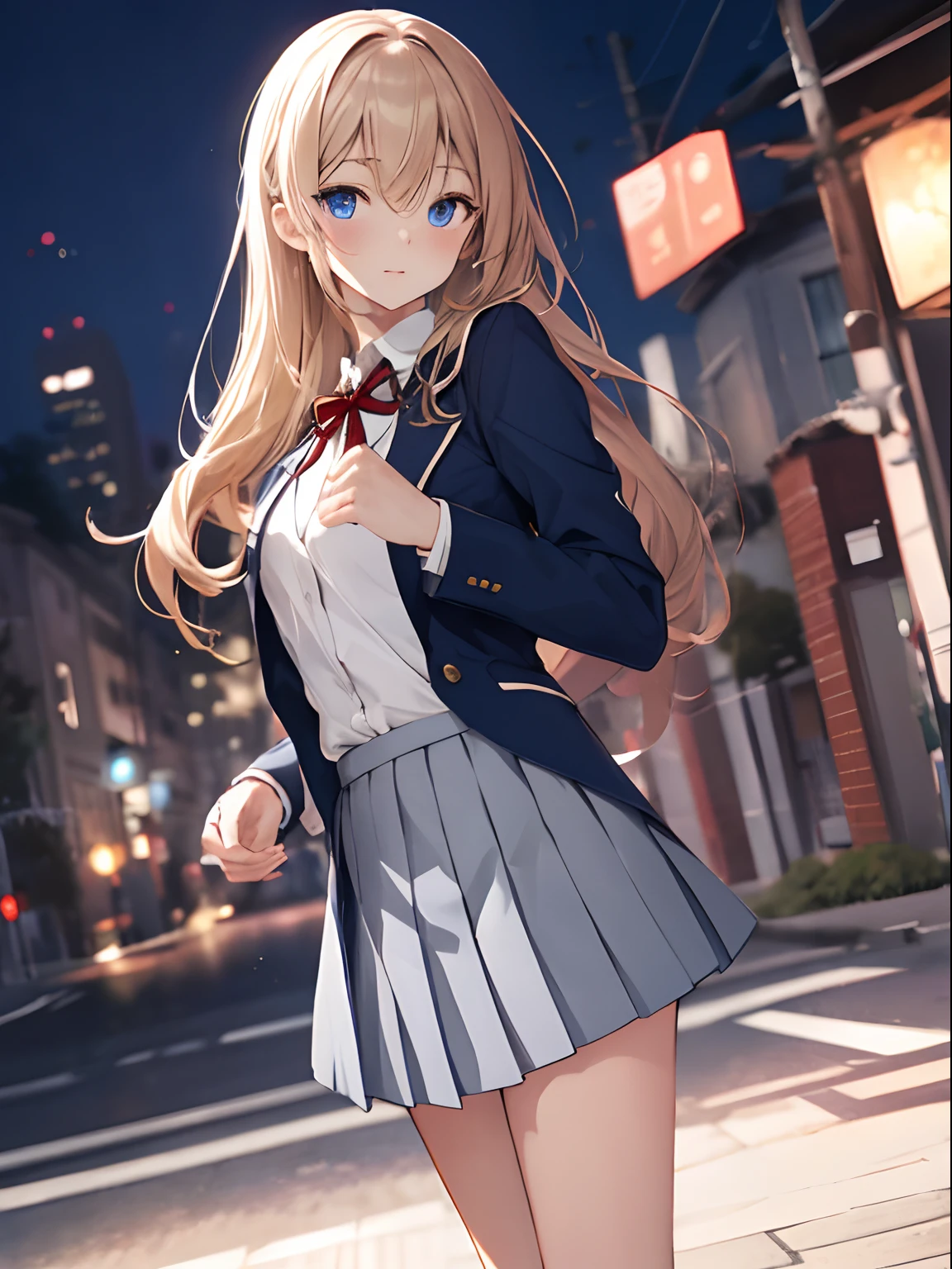 ((Perfect Anatomy:1.2,Realistic:1.3,Raw photo:1.3,masterpiece、highest quality、Ultra - High resolution、High resolution、Extremely detailed CG、8k)),Cowboy Shot,1 female,alone,18-year-old、high school girl,beautiful girl,Japanese,((Beautiful and exquisite face and eyes:1.2,Big beautiful eyes:1.3,)),Blonde,Long Hair,(Center parted hair:1.4,amount),Small Head:1.3,slender,(Brown Skin:1.4),(Oily skin,Glowing Skin,Shiny skin,Sweat:1.2),(school uniform、Dark blue blazer jacket、Checkered pleated mini skirt),((Lift up the skirt)).,((Show your audience white panties)),Are standing,Dirty back alley、At night、Tokyo、