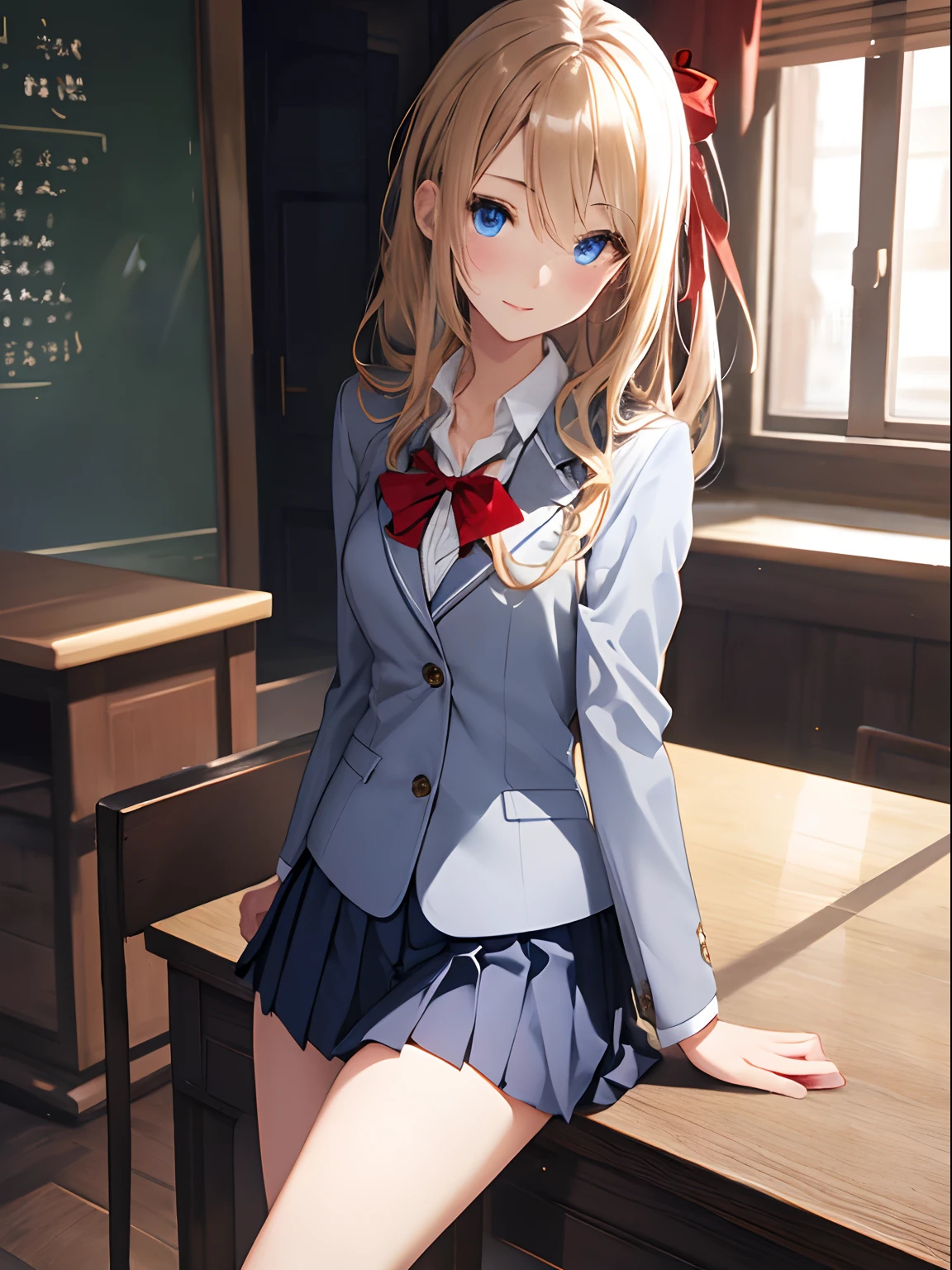 Realistic and detailed image of a girl in a school uniform. She has long wavy blonde hair in pigtails. Blue eyes. She has earrings, long eyelashes. she has small breasts, slim waist, very wide hips and thick thighs. smiling, pleased face. Back arched. She is sitting in a classroom with sun rays at sunset.