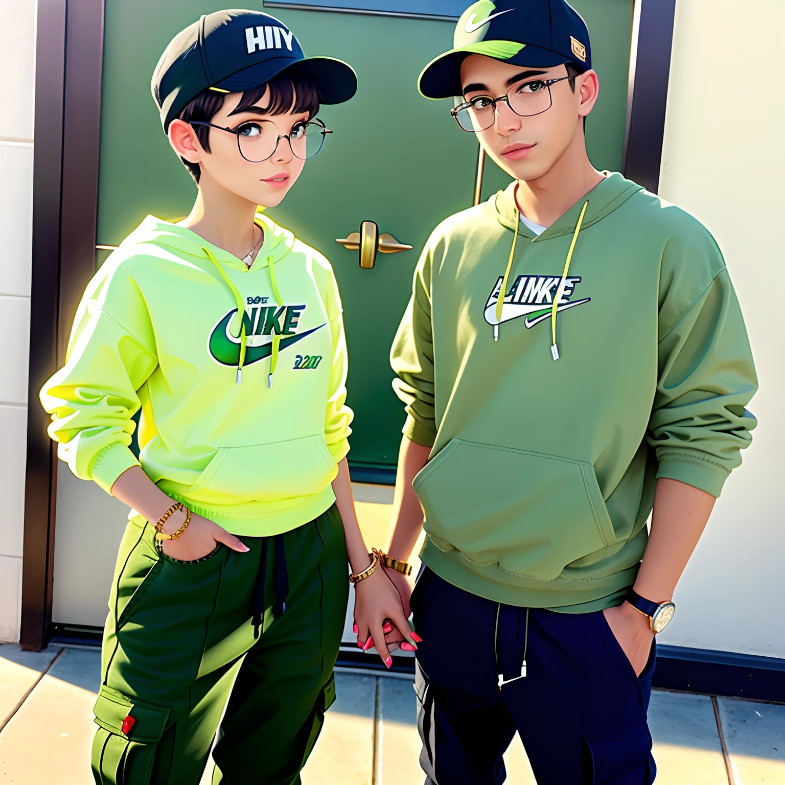 Disney Pixar movie poster titled “Lover” of a boyfriend and girlfriend standing holding hands. With buzz cut, durag, and LA black hat, squared frame glasses, light green sweatshirt, khaki cargo pants, light green khaki Nike dunks, for the boy. Straight short black hair, squared frame glasses with gold rims, light green sweatshirt, khaki cargo pants, green khaki Nike dunks, medium French tip nails, medium lashes, lipgloss for the girl.