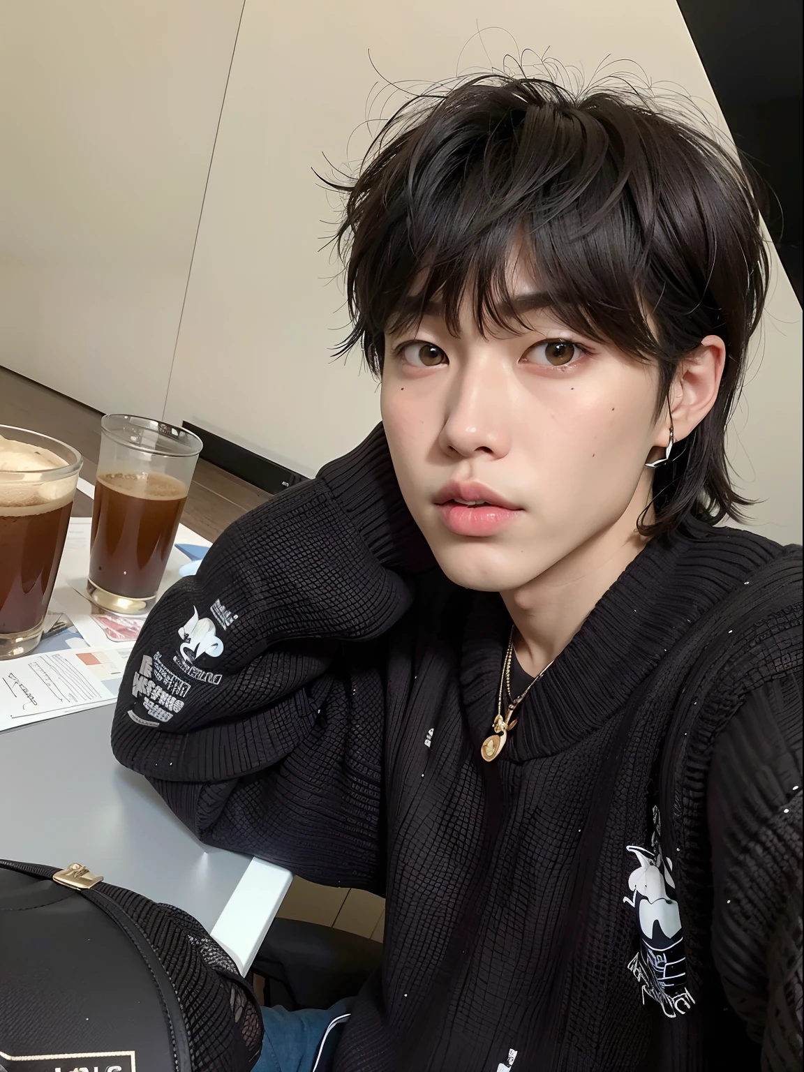 There's a man sitting at a table with a cup of coffee., Kim Doyoung, Ulzzang masculino, Hyung Tae, inspirado en Kun Can, Hong June Hyung, Yoongi de pelo negro, Jinyoung Shin, Cai Xukun, Taejune Kim, inspirado por Bian Shoumin, Yanjun Chengt, ulzzang, taken in the early 2020s