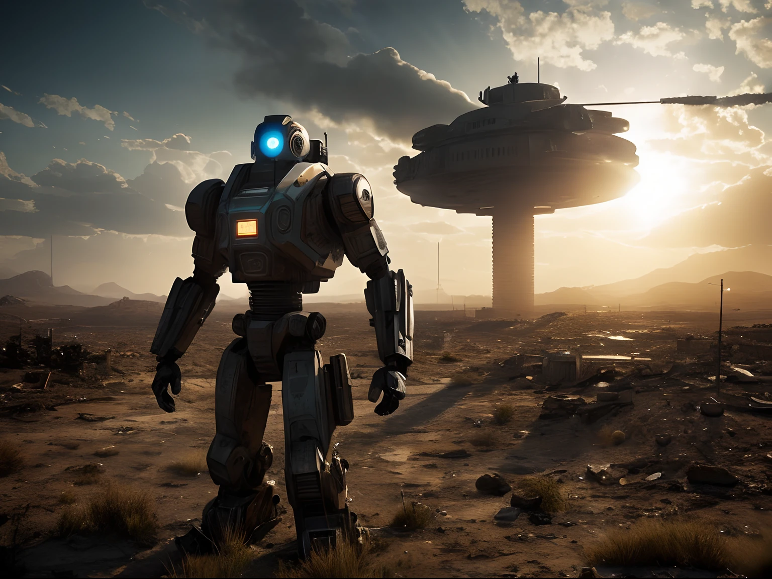Film still action movie High-Speed Photography: A humanoid robotic sentinel patrolling a dystopian wasteland, its sensors scanning for life. Tight focus on the sensor array, against a backdrop of desolation. Lit by the harsh glare Of a post-apocalyptic sun, high noon. Captured with Sony Alpha A9 Ii, highlighting the stark reality of a future world, directed by Michael Bay, hyper-realistic, highly detailed.