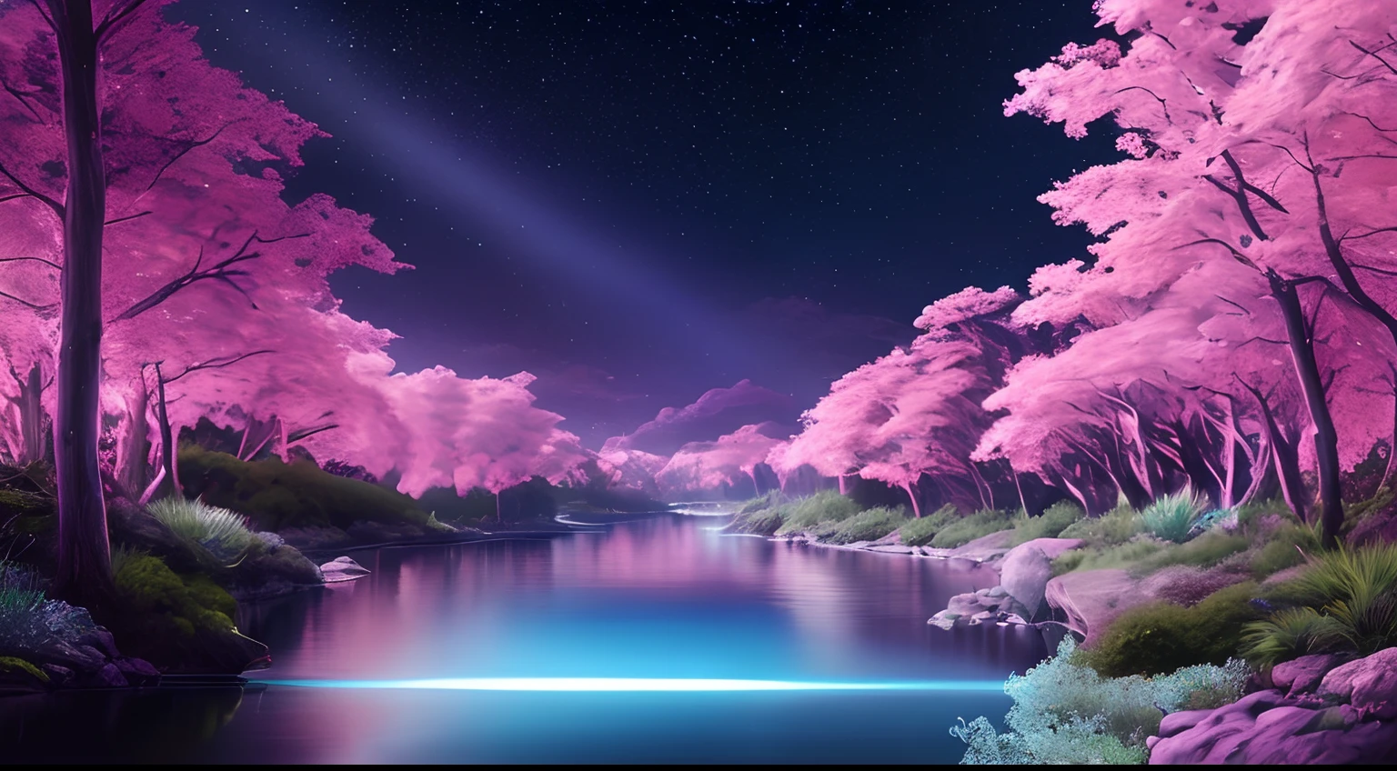 Illustration of a hyperrealist , otherworldly, Ultrasky Stage,Very detailed and magical pink lighting,  Vegetation and river around, solarpunk ,landscape, Beautiful foliage with beautiful lighting and realistic proportions, as if it were a cinematic backdrop, 8K, Highest Quality, Masterpiece, Clouds and stars in the sky.
