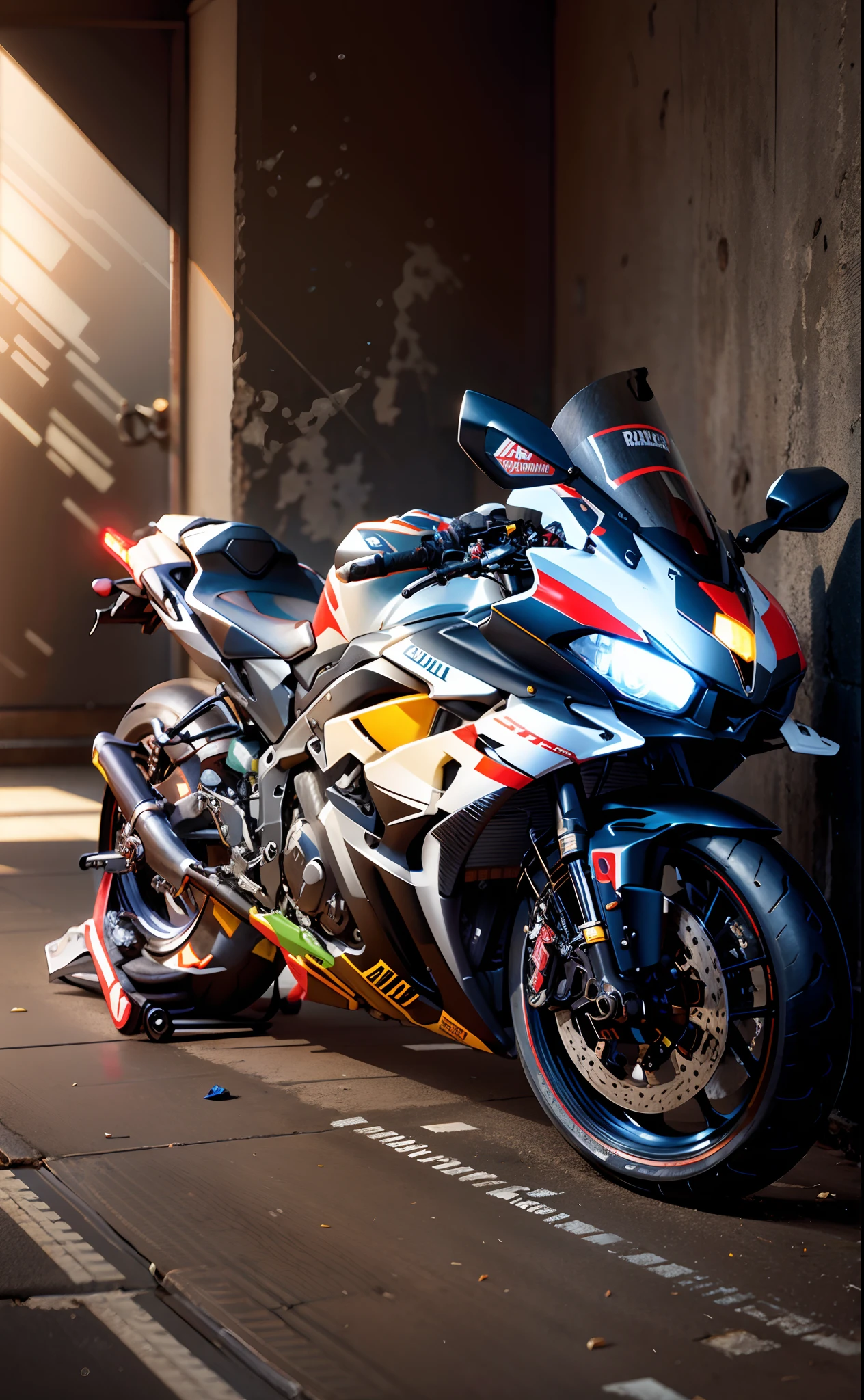 there is a motorcycle parked in a room with a wall, r6, front side full, side front view, front shot, yoshimura exhaust, full front view, front profile, front profile!!!!, front side, motorcycle, taken with sony a7r camera, rb6s, rb 6 s, samurai vinyl wrap, f32, front perspective, random colour, check background