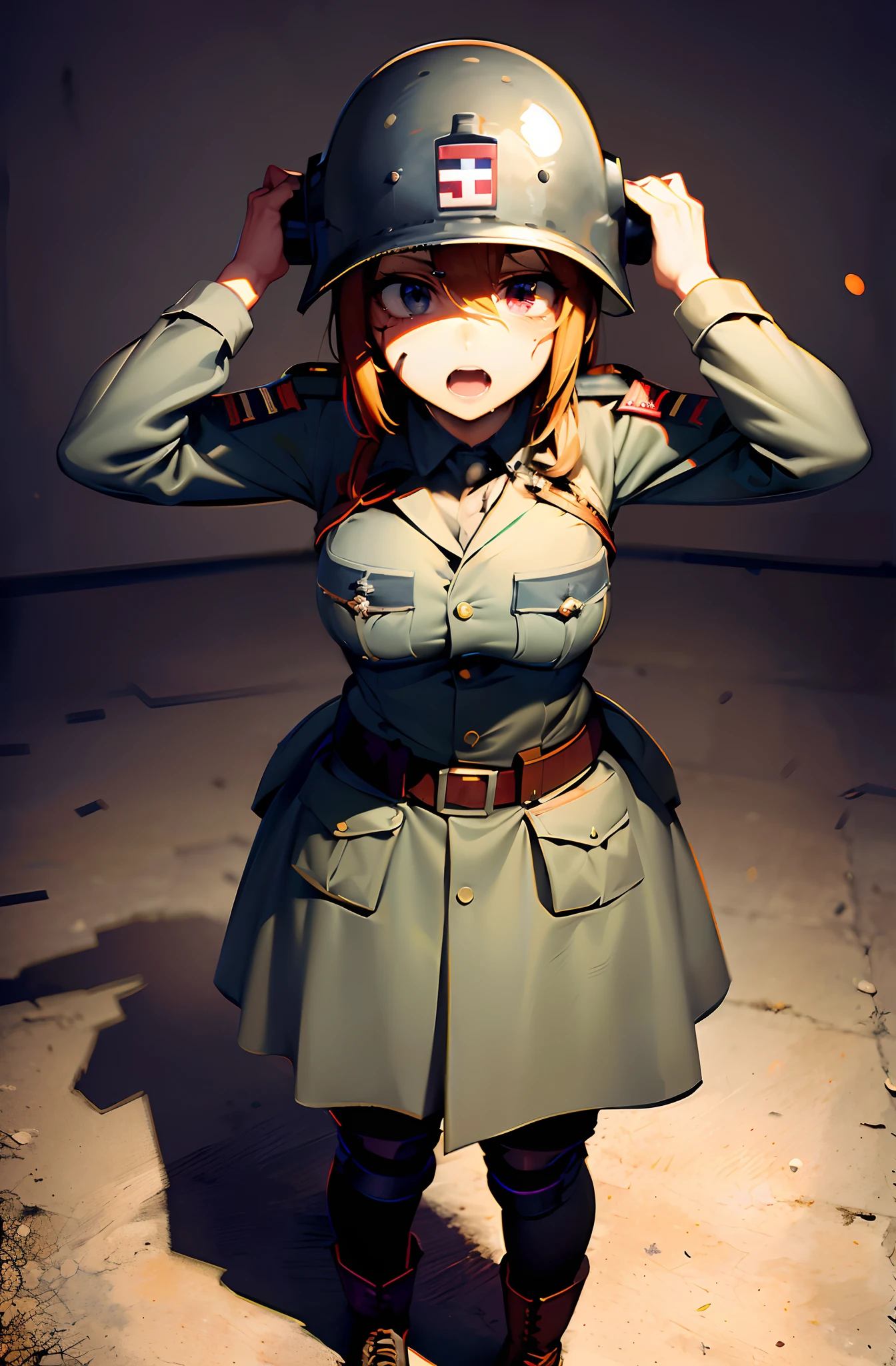 A female soldier covered in blood. ((WW2 military helmet)), ((WW2 military uniform)), ((8k)), ((highres)), terrified, terror in her eyes, insane, terrified, ((expressive eyes))