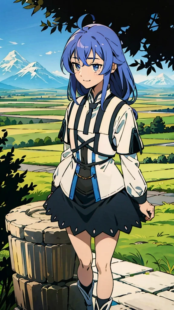 Ahoge, calidad superior, high resolusion, extremadamente detallado, fondo detallado, mejor calidad, (obra maestra), detallado, 1chica, adolescente, sola, cuerpo entero, sonrisa ligera, trenzas gemelas, pelo muy largo, pelo azul, ojos azules, With a sleepy look, vestido blanco, lazo al cuello, lazo negro, falda negra, con botas blancas, sombrero de bruja, sombrero negro, de pie, mirando al espectador, al aire libre, hierba, tree, mountains, lifting her skirt with her hands and showing off white underwear, Teaching panties, Teaching panties, vestido jersey