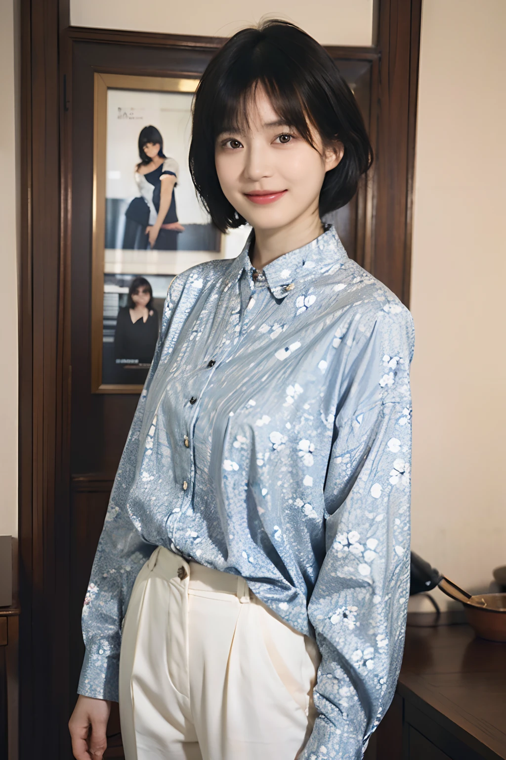 93
(a 20 yo woman,is standing), (A hyper-realistic), (masutepiece), ((short-hair:1.46)), (Smooth black hair), wear long pants, (Wearing a long-sleeved shirt with a floral print), (painterly、picture frame), (Gentle smile), (Keep your mouth shut)