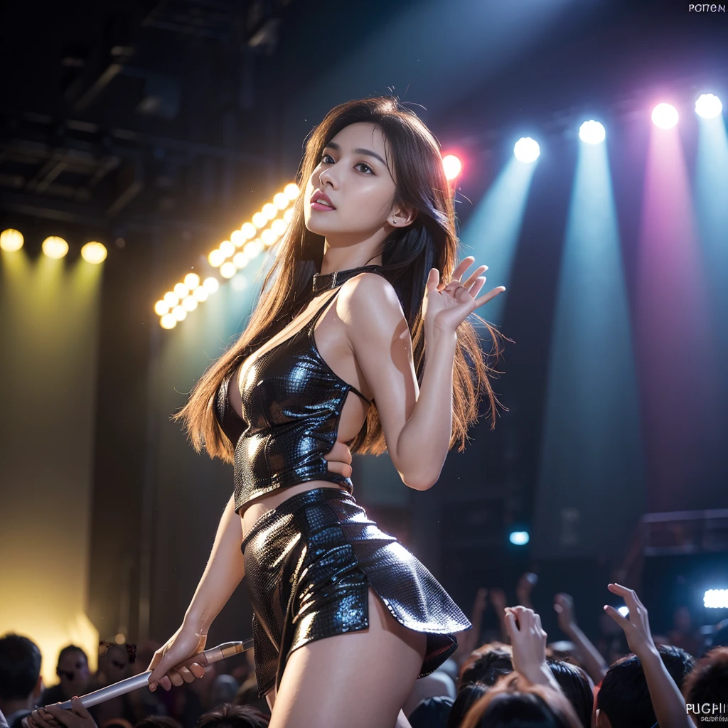 K-pop idols performing on stage, black short tight dresses, song performance, Kpop girl group, riotous atmosphere, stage above the hall, (best quality, 8k, 16k, highres, masterpiece:1.2), ultra-detailed, (realistic, photorealistic, photo-realistic:1.37), professional, (music:1.1, performance:1.1), dynamic lighting, (moving lights:1.1, spotlights:1.1), energetic performance, powerful vocals, enthusiastic audience, dazzling stage effects, high-energy atmosphere, (excitement, adrenaline:1.1), charismatic lead vocalist, flawless stage presence, passionate performance, vibrant stage background, (cheering audience:1.1, waving light sticks:1.1), electrifying atmosphere, captivating stage presence, (explosive, high-intensity:1.1), (pop music, catchy melodies:1.1), crowd interaction, (empowering lyrics, motivational messages:1.1).