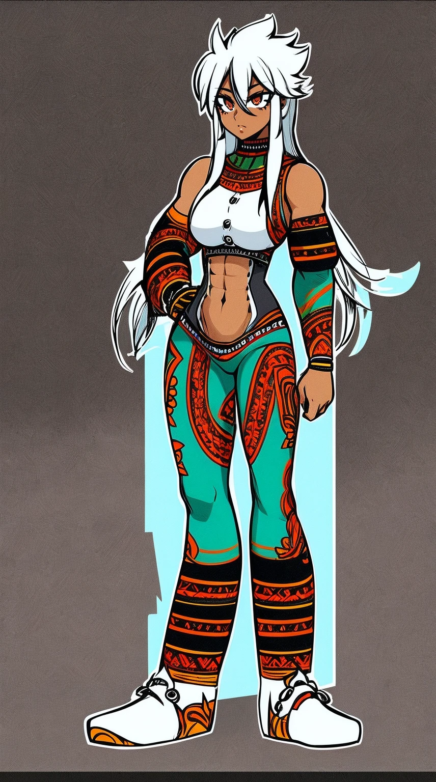 Ebony skinned female with white dreadlocks, thicc, wearing tribal warrior outfit, full body, standing, full body