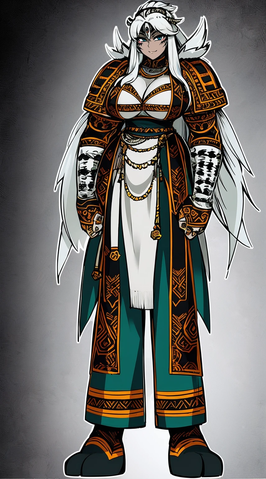 Ebony skinned female with white dreadlocks, thicc, wearing tribal warrior outfit, full body, standing, full body