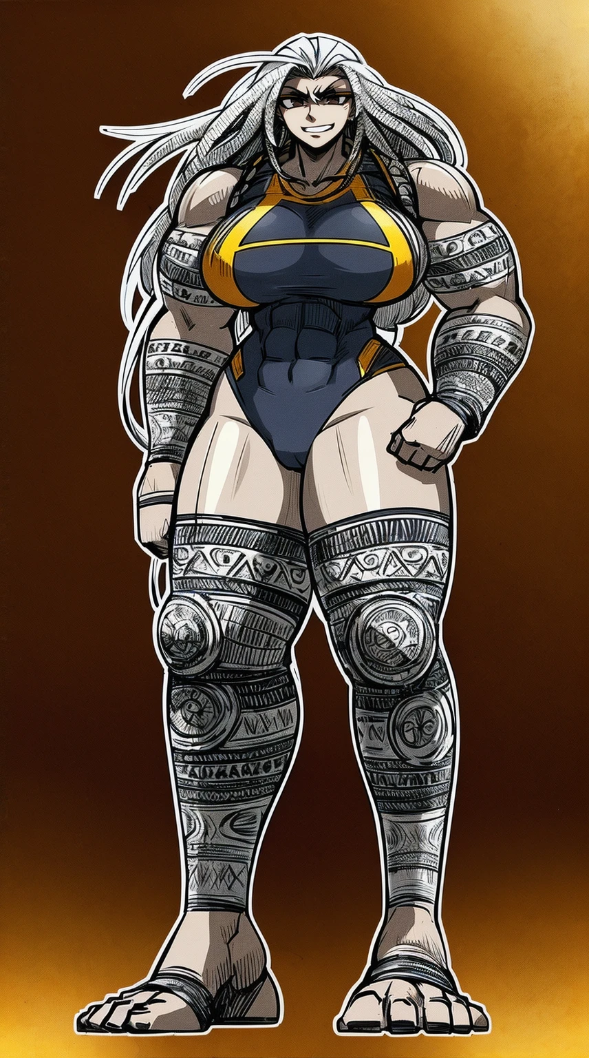 Ebony skinned female with white dreadlocks, thicc, wearing tribal warrior outfit, full body, standing, full body