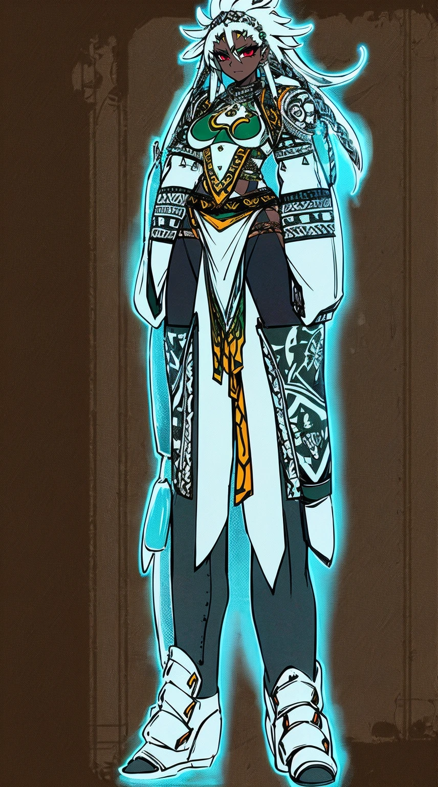 Ebony skinned female with white dreadlocks, thicc, wearing tribal warrior outfit, full body, standing, full body