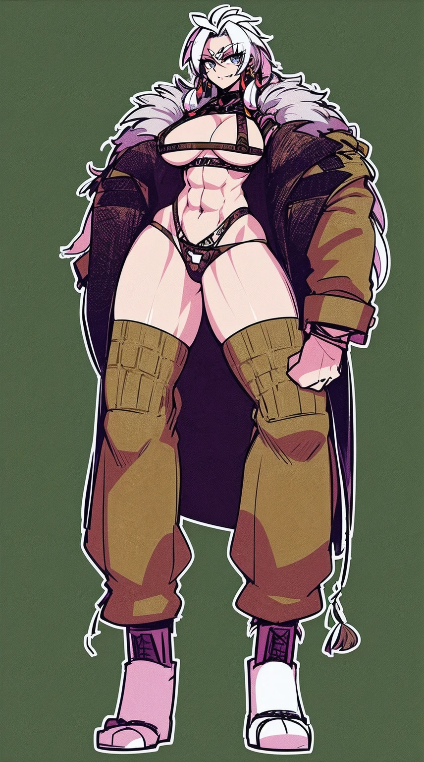 Ebony skinned female with white dreadlocks, thicc, wearing tribal warrior outfit, full body, standing, full body